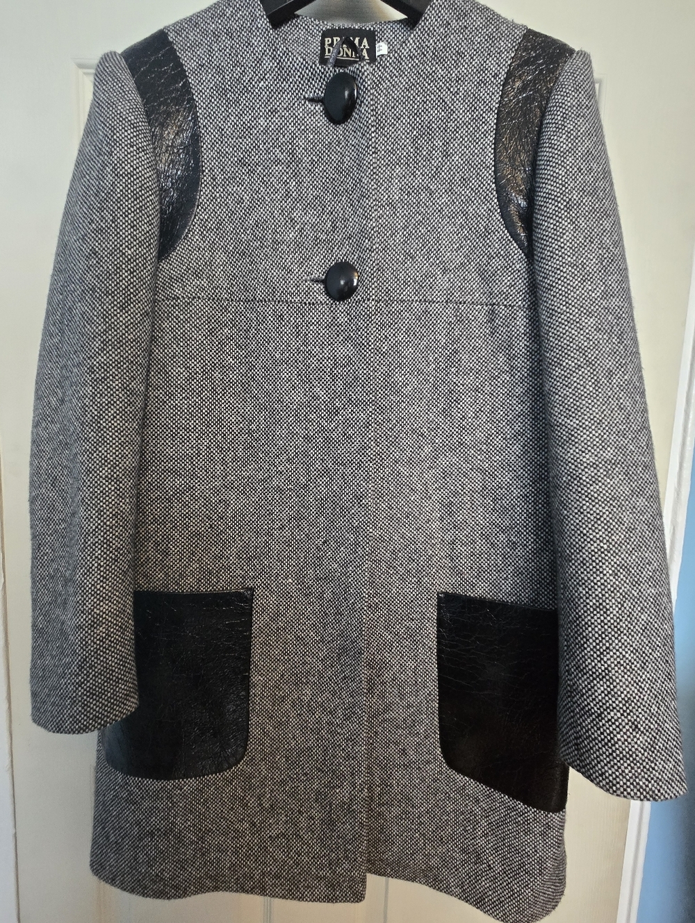 Prima Donna Gray Tweed Coat with Black Faux Crinkle Leather Trim Size 44
